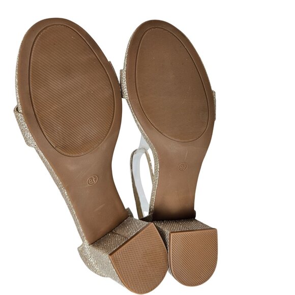 Mysoft Womens 8.5 Chunky Heels Open Toe Gold Glitter Ankle Strap Wedding Sandals - Picture 8 of 15